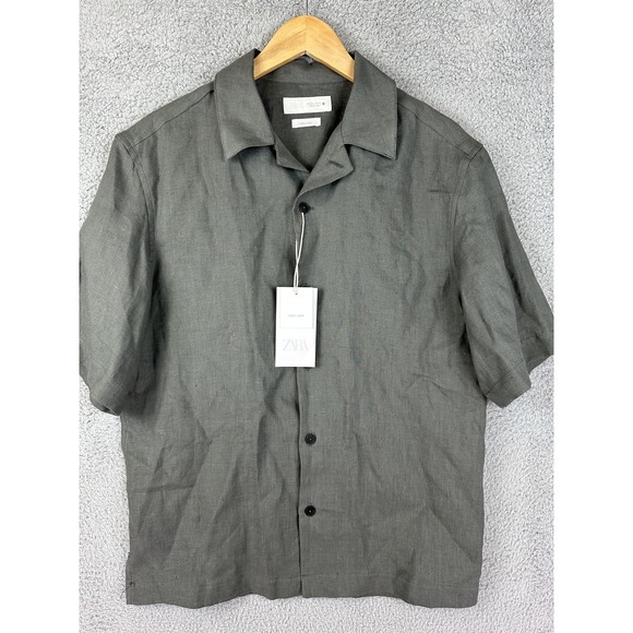 Zara Shirt Mens Small Gray 100% Linen Short Sleeve Cuban Camp Collar Button Up